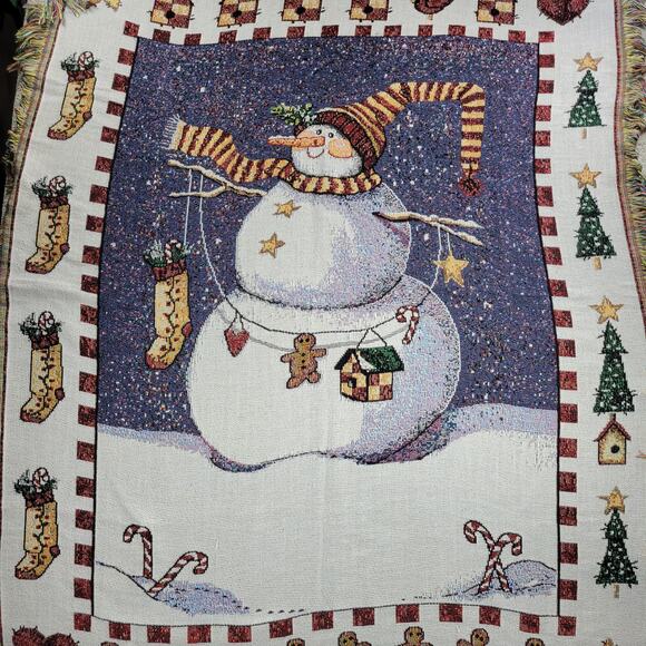 VTG Christmas Sandi Gore Evans Snowman Throw 60" Woven‎ Winter Holiday Tapestry - Picture 1 of 9